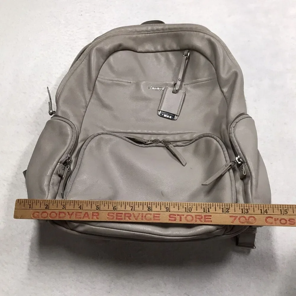 TUMI Voyageur Calais Laptop Backpack Leather Travel Gray Side Zip Padded Shoulde